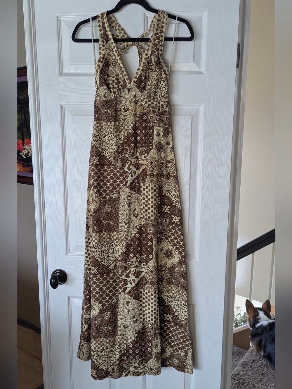 Lanz 1970s Vintage Halter Dress Neutral Pattern Cotton Small